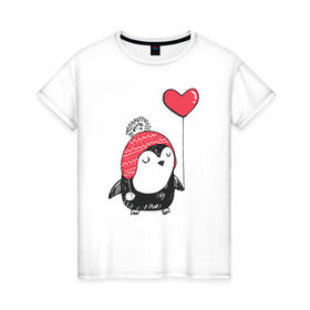 Женская футболка хлопок с принтом Пингвин с шариком , 100% хлопок | прямой крой, круглый вырез горловины, длина до линии бедер, слегка спущенное плечо | милота