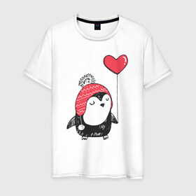 Мужская футболка хлопок с принтом Пингвин с шариком , 100% хлопок | прямой крой, круглый вырез горловины, длина до линии бедер, слегка спущенное плечо. | милота