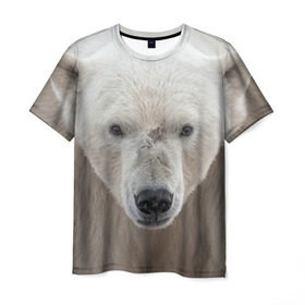 Мужская футболка 3D с принтом Белый медведь , 100% полиэфир | прямой крой, круглый вырез горловины, длина до линии бедер | Тематика изображения на принте: animal | bear | eyes | head | north | polar | predator | white | wild | белый | взгляд | голова | дикий | животное | медведь | полярный | север | хищник