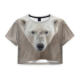 Женская футболка 3D укороченная с принтом Белый медведь , 100% полиэстер | круглая горловина, длина футболки до линии талии, рукава с отворотами | animal | bear | eyes | head | north | polar | predator | white | wild | белый | взгляд | голова | дикий | животное | медведь | полярный | север | хищник