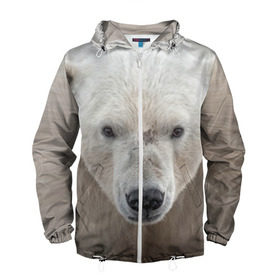 Мужская ветровка 3D с принтом Белый медведь , 100% полиэстер | подол и капюшон оформлены резинкой с фиксаторами, два кармана без застежек по бокам, один потайной карман на груди | Тематика изображения на принте: animal | bear | eyes | head | north | polar | predator | white | wild | белый | взгляд | голова | дикий | животное | медведь | полярный | север | хищник