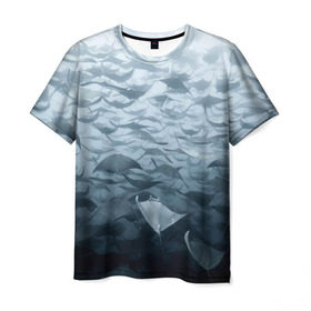 Мужская футболка 3D с принтом Электрические скаты , 100% полиэфир | прямой крой, круглый вырез горловины, длина до линии бедер | depth | fish | lot | ocean | power | rays | school | sea | water | вода | глубина | косяк | много | море | океан | рыбы | скаты | электрические