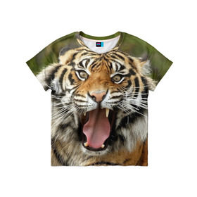 Детская футболка 3D с принтом Тигр , 100% гипоаллергенный полиэфир | прямой крой, круглый вырез горловины, длина до линии бедер, чуть спущенное плечо, ткань немного тянется | angry | animal | beast | jaws | predator | teeth | tiger | животное | зверь | злой | клыки | оскал | пасть | тигр | хищник