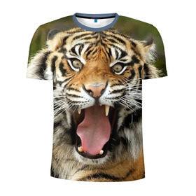 Мужская футболка 3D спортивная с принтом Тигр , 100% полиэстер с улучшенными характеристиками | приталенный силуэт, круглая горловина, широкие плечи, сужается к линии бедра | Тематика изображения на принте: angry | animal | beast | jaws | predator | teeth | tiger | животное | зверь | злой | клыки | оскал | пасть | тигр | хищник