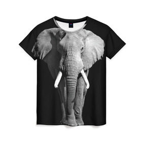 Женская футболка 3D с принтом Слон , 100% полиэфир ( синтетическое хлопкоподобное полотно) | прямой крой, круглый вырез горловины, длина до линии бедер | africa | big | black   white | elephant is an animal | shroud | tusks | африка | бивни | большой | животное | идет | савана | слон | черно   белый