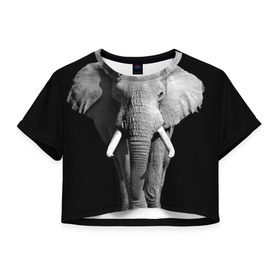 Женская футболка 3D укороченная с принтом Слон , 100% полиэстер | круглая горловина, длина футболки до линии талии, рукава с отворотами | africa | big | black   white | elephant is an animal | shroud | tusks | африка | бивни | большой | животное | идет | савана | слон | черно   белый