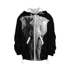 Детская куртка 3D с принтом Слон , 100% полиэстер | застежка — молния, подол и капюшон оформлены резинкой с фиксаторами, по бокам — два кармана без застежек, один потайной карман на груди, плотность верхнего слоя — 90 г/м2; плотность флисового подклада — 260 г/м2 | Тематика изображения на принте: africa | big | black   white | elephant is an animal | shroud | tusks | африка | бивни | большой | животное | идет | савана | слон | черно   белый