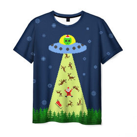 Мужская футболка 3D с принтом Похищение Санта Клауса , 100% полиэфир | прямой крой, круглый вырез горловины, длина до линии бедер | вязанный | дед мороз | нлоб инопланетяне | новый год | рождество | свитер
