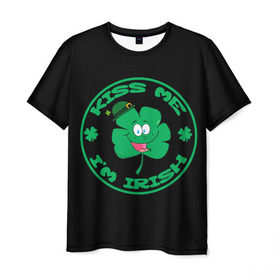 Мужская футболка 3D с принтом Ireland, Kiss me, I`m Irish , 100% полиэфир | прямой крой, круглый вырез горловины, длина до линии бедер | animation | background | black | clover | four | green | hat | im irish | ireland | kiss me | leaf | petal | printing | smile | анимация | зелёный | ирландец | ирландия | клевер | лепесток | листок | меня | печать | поцелуй | улыбка | фон | черный | четыр