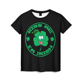 Женская футболка 3D с принтом Ireland, Kiss me, I`m Irish , 100% полиэфир ( синтетическое хлопкоподобное полотно) | прямой крой, круглый вырез горловины, длина до линии бедер | Тематика изображения на принте: animation | background | black | clover | four | green | hat | im irish | ireland | kiss me | leaf | petal | printing | smile | анимация | зелёный | ирландец | ирландия | клевер | лепесток | листок | меня | печать | поцелуй | улыбка | фон | черный | четыр