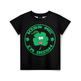 Детская футболка 3D с принтом Ireland, Kiss me, I`m Irish , 100% гипоаллергенный полиэфир | прямой крой, круглый вырез горловины, длина до линии бедер, чуть спущенное плечо, ткань немного тянется | animation | background | black | clover | four | green | hat | im irish | ireland | kiss me | leaf | petal | printing | smile | анимация | зелёный | ирландец | ирландия | клевер | лепесток | листок | меня | печать | поцелуй | улыбка | фон | черный | четыр