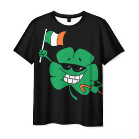 Мужская футболка 3D с принтом Ирландия, клевер с флагом , 100% полиэфир | прямой крой, круглый вырез горловины, длина до линии бедер | animation | background | black | clover | flag | ireland | smile | stick | teeth | анимация | зубы | ирландия | клевер | очки | палка | улыбка | флаг | фон | черный