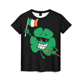 Женская футболка 3D с принтом Ирландия, клевер с флагом , 100% полиэфир ( синтетическое хлопкоподобное полотно) | прямой крой, круглый вырез горловины, длина до линии бедер | animation | background | black | clover | flag | ireland | smile | stick | teeth | анимация | зубы | ирландия | клевер | очки | палка | улыбка | флаг | фон | черный