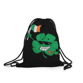 Рюкзак-мешок 3D с принтом Ирландия, клевер с флагом , 100% полиэстер | плотность ткани — 200 г/м2, размер — 35 х 45 см; лямки — толстые шнурки, застежка на шнуровке, без карманов и подкладки | Тематика изображения на принте: animation | background | black | clover | flag | ireland | smile | stick | teeth | анимация | зубы | ирландия | клевер | очки | палка | улыбка | флаг | фон | черный