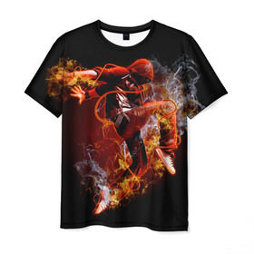 Мужская футболка 3D с принтом Огненный танец , 100% полиэфир | прямой крой, круглый вырез горловины, длина до линии бедер | background | black | dance | dancer | energy | fire | flame | flying | male | мужчина | огненный | пламя | полет | танец | танцор | фон | черный | энергия