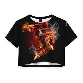 Женская футболка 3D укороченная с принтом Огненный танец , 100% полиэстер | круглая горловина, длина футболки до линии талии, рукава с отворотами | background | black | dance | dancer | energy | fire | flame | flying | male | мужчина | огненный | пламя | полет | танец | танцор | фон | черный | энергия