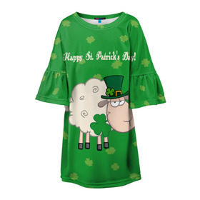 Детское платье 3D с принтом Ирландия , 100% полиэстер | прямой силуэт, чуть расширенный к низу. Круглая горловина, на рукавах — воланы | Тематика изображения на принте: irish | sheep | st. patricks day | зеленый | ирландец | лепрекон | оваечка | овца