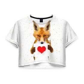 Женская футболка 3D укороченная с принтом Влюбленная лиса , 100% полиэстер | круглая горловина, длина футболки до линии талии, рукава с отворотами | Тематика изображения на принте: animal | beast | fox | heart | love | orange | животное | зверь | лис | лиса | личиска | любовь | рыжая | сердце
