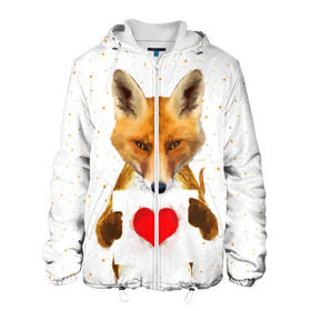 Мужская куртка 3D с принтом Влюбленная лиса , ткань верха — 100% полиэстер, подклад — флис | прямой крой, подол и капюшон оформлены резинкой с фиксаторами, два кармана без застежек по бокам, один большой потайной карман на груди. Карман на груди застегивается на липучку | animal | beast | fox | heart | love | orange | животное | зверь | лис | лиса | личиска | любовь | рыжая | сердце
