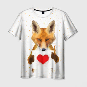 Мужская футболка 3D с принтом Влюбленная лиса , 100% полиэфир | прямой крой, круглый вырез горловины, длина до линии бедер | Тематика изображения на принте: animal | beast | fox | heart | love | orange | животное | зверь | лис | лиса | личиска | любовь | рыжая | сердце