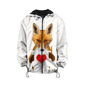 Детская куртка 3D с принтом Влюбленная лиса , 100% полиэстер | застежка — молния, подол и капюшон оформлены резинкой с фиксаторами, по бокам — два кармана без застежек, один потайной карман на груди, плотность верхнего слоя — 90 г/м2; плотность флисового подклада — 260 г/м2 | Тематика изображения на принте: animal | beast | fox | heart | love | orange | животное | зверь | лис | лиса | личиска | любовь | рыжая | сердце