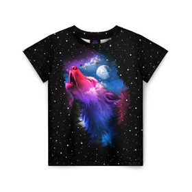 Детская футболка 3D с принтом Воющий волк , 100% гипоаллергенный полиэфир | прямой крой, круглый вырез горловины, длина до линии бедер, чуть спущенное плечо, ткань немного тянется | Тематика изображения на принте: animal | beast | cosmic | galaxy | moon | planet | rage | roar | space | star | universe | wild | wolf | волк | вселенная | галактика | животное | звезды | зверь | космос | луна | планета | рык | ярость