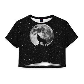 Женская футболка 3D укороченная с принтом Лунный волк , 100% полиэстер | круглая горловина, длина футболки до линии талии, рукава с отворотами | animal | beast | cosmic | galaxy | moon | planet | rage | roar | space | star | universe | wild | wolf | волк | вселенная | галактика | животное | звезды | зверь | космос | луна | планета | рык | ярость