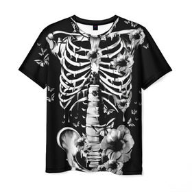 Мужская футболка 3D с принтом Floral Skeleton , 100% полиэфир | прямой крой, круглый вырез горловины, длина до линии бедер | art | bone | dark | death | fashion | flower | hipster | skelet | skull | арт | грудь | кости | мода | ребра | скелет | стиль | темный | хипстер | цвет | череп