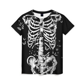Женская футболка 3D с принтом Floral Skeleton , 100% полиэфир ( синтетическое хлопкоподобное полотно) | прямой крой, круглый вырез горловины, длина до линии бедер | art | bone | dark | death | fashion | flower | hipster | skelet | skull | арт | грудь | кости | мода | ребра | скелет | стиль | темный | хипстер | цвет | череп