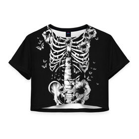 Женская футболка 3D укороченная с принтом Floral Skeleton , 100% полиэстер | круглая горловина, длина футболки до линии талии, рукава с отворотами | Тематика изображения на принте: art | bone | dark | death | fashion | flower | hipster | skelet | skull | арт | грудь | кости | мода | ребра | скелет | стиль | темный | хипстер | цвет | череп