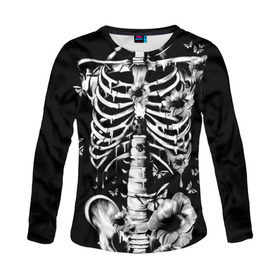 Женский лонгслив 3D с принтом Floral Skeleton , 100% полиэстер | длинные рукава, круглый вырез горловины, полуприлегающий силуэт | art | bone | dark | death | fashion | flower | hipster | skelet | skull | арт | грудь | кости | мода | ребра | скелет | стиль | темный | хипстер | цвет | череп