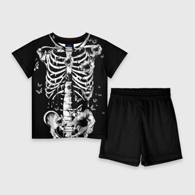 Детский костюм с шортами 3D с принтом Floral Skeleton ,  |  | Тематика изображения на принте: art | bone | dark | death | fashion | flower | hipster | skelet | skull | арт | грудь | кости | мода | ребра | скелет | стиль | темный | хипстер | цвет | череп