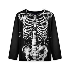 Детский лонгслив 3D с принтом Floral Skeleton , 100% полиэстер | длинные рукава, круглый вырез горловины, полуприлегающий силуэт
 | art | bone | dark | death | fashion | flower | hipster | skelet | skull | арт | грудь | кости | мода | ребра | скелет | стиль | темный | хипстер | цвет | череп