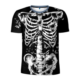 Мужская футболка 3D спортивная с принтом Floral Skeleton , 100% полиэстер с улучшенными характеристиками | приталенный силуэт, круглая горловина, широкие плечи, сужается к линии бедра | art | bone | dark | death | fashion | flower | hipster | skelet | skull | арт | грудь | кости | мода | ребра | скелет | стиль | темный | хипстер | цвет | череп