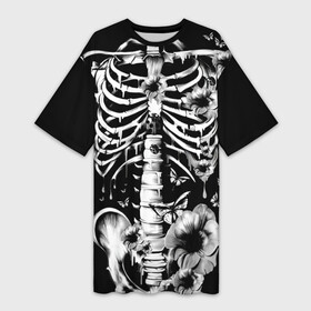 Платье-футболка 3D с принтом Floral Skeleton ,  |  | art | bone | dark | death | fashion | flower | hipster | skelet | skull | арт | грудь | кости | мода | ребра | скелет | стиль | темный | хипстер | цвет | череп