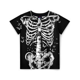 Детская футболка 3D с принтом Floral Skeleton , 100% гипоаллергенный полиэфир | прямой крой, круглый вырез горловины, длина до линии бедер, чуть спущенное плечо, ткань немного тянется | Тематика изображения на принте: art | bone | dark | death | fashion | flower | hipster | skelet | skull | арт | грудь | кости | мода | ребра | скелет | стиль | темный | хипстер | цвет | череп