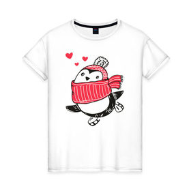 Женская футболка хлопок с принтом Пингвинчик на коньках , 100% хлопок | прямой крой, круглый вырез горловины, длина до линии бедер, слегка спущенное плечо | 