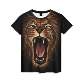 Женская футболка 3D с принтом Львиный рык , 100% полиэфир ( синтетическое хлопкоподобное полотно) | прямой крой, круглый вырез горловины, длина до линии бедер | animal | beast | cat | feline | king | lion | meow | pussy | rage | roar | животное | зверь | король | кот | кошка | лев | львица | мяу | рык | хищник | царь | ярость