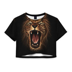 Женская футболка 3D укороченная с принтом Львиный рык , 100% полиэстер | круглая горловина, длина футболки до линии талии, рукава с отворотами | animal | beast | cat | feline | king | lion | meow | pussy | rage | roar | животное | зверь | король | кот | кошка | лев | львица | мяу | рык | хищник | царь | ярость