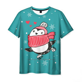 Мужская футболка 3D с принтом Пингвинчик на коньках , 100% полиэфир | прямой крой, круглый вырез горловины, длина до линии бедер | Тематика изображения на принте: 14 февраля | день святого валентина | зима | пингвин | снег | снежинки