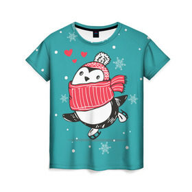 Женская футболка 3D с принтом Пингвинчик на коньках , 100% полиэфир ( синтетическое хлопкоподобное полотно) | прямой крой, круглый вырез горловины, длина до линии бедер | 14 февраля | день святого валентина | зима | пингвин | снег | снежинки