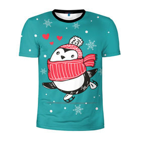 Мужская футболка 3D спортивная с принтом Пингвинчик на коньках , 100% полиэстер с улучшенными характеристиками | приталенный силуэт, круглая горловина, широкие плечи, сужается к линии бедра | 14 февраля | день святого валентина | зима | пингвин | снег | снежинки