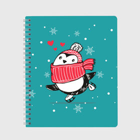 Тетрадь с принтом Пингвинчик на коньках , 100% бумага | 48 листов, плотность листов — 60 г/м2, плотность картонной обложки — 250 г/м2. Листы скреплены сбоку удобной пружинной спиралью. Уголки страниц и обложки скругленные. Цвет линий — светло-серый
 | 14 февраля | день святого валентина | зима | пингвин | снег | снежинки