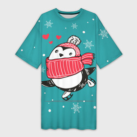 Платье-футболка 3D с принтом Пингвинчик на коньках ,  |  | Тематика изображения на принте: 14 февраля | день святого валентина | зима | пингвин | снег | снежинки