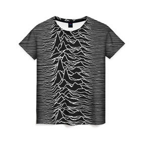 Женская футболка 3D с принтом Joy Division. Unknown Pleasures , 100% полиэфир ( синтетическое хлопкоподобное полотно) | прямой крой, круглый вырез горловины, длина до линии бедер | joy division | альбом | волны | горы | линии | обложка | панк | рок