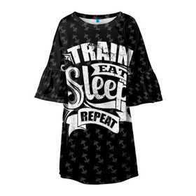 Детское платье 3D с принтом Train Eat Sleep Repeat , 100% полиэстер | прямой силуэт, чуть расширенный к низу. Круглая горловина, на рукавах — воланы | body | crossfit | force | hard | power | powerlifting | sport | strength | strong | train | workout | бодибилдер | бодибилдинг | воркаут | крепость | кроссфит | пауэрлифтинг | сила | спорт | тело | тренировка