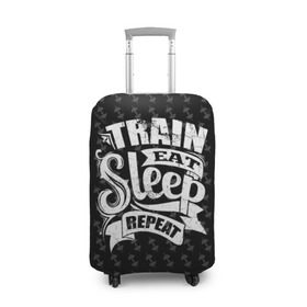 Чехол для чемодана 3D с принтом Train Eat Sleep Repeat , 86% полиэфир, 14% спандекс | двустороннее нанесение принта, прорези для ручек и колес | body | crossfit | force | hard | power | powerlifting | sport | strength | strong | train | workout | бодибилдер | бодибилдинг | воркаут | крепость | кроссфит | пауэрлифтинг | сила | спорт | тело | тренировка