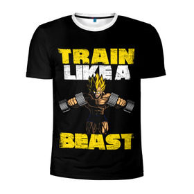 Мужская футболка 3D спортивная с принтом Train Like a Beast , 100% полиэстер с улучшенными характеристиками | приталенный силуэт, круглая горловина, широкие плечи, сужается к линии бедра | dragon ball | strong | workout | воркаут | драгон бол