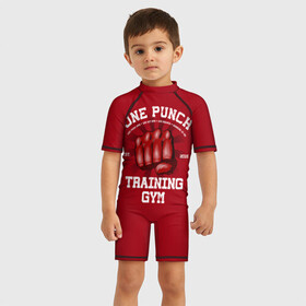 Детский купальный костюм 3D с принтом One Punch Gym , Полиэстер 85%, Спандекс 15% | застежка на молнии на спине | boxing | combat | fight | fighter | kickboxing | muay thai | wrestling | боец | бой | бокс | боксер | драка | кикбоксинг | май тай
