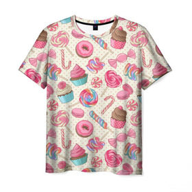 Мужская футболка 3D с принтом Радости и сладости , 100% полиэфир | прямой крой, круглый вырез горловины, длина до линии бедер | Тематика изображения на принте: глазурь | кексы | конфеты | леденцы | пончик | сладости